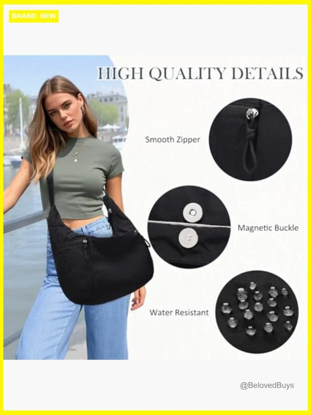 Lightweight Nylon Crescent Crossbody Hobo Bag, Large Slouchy Travel Tote